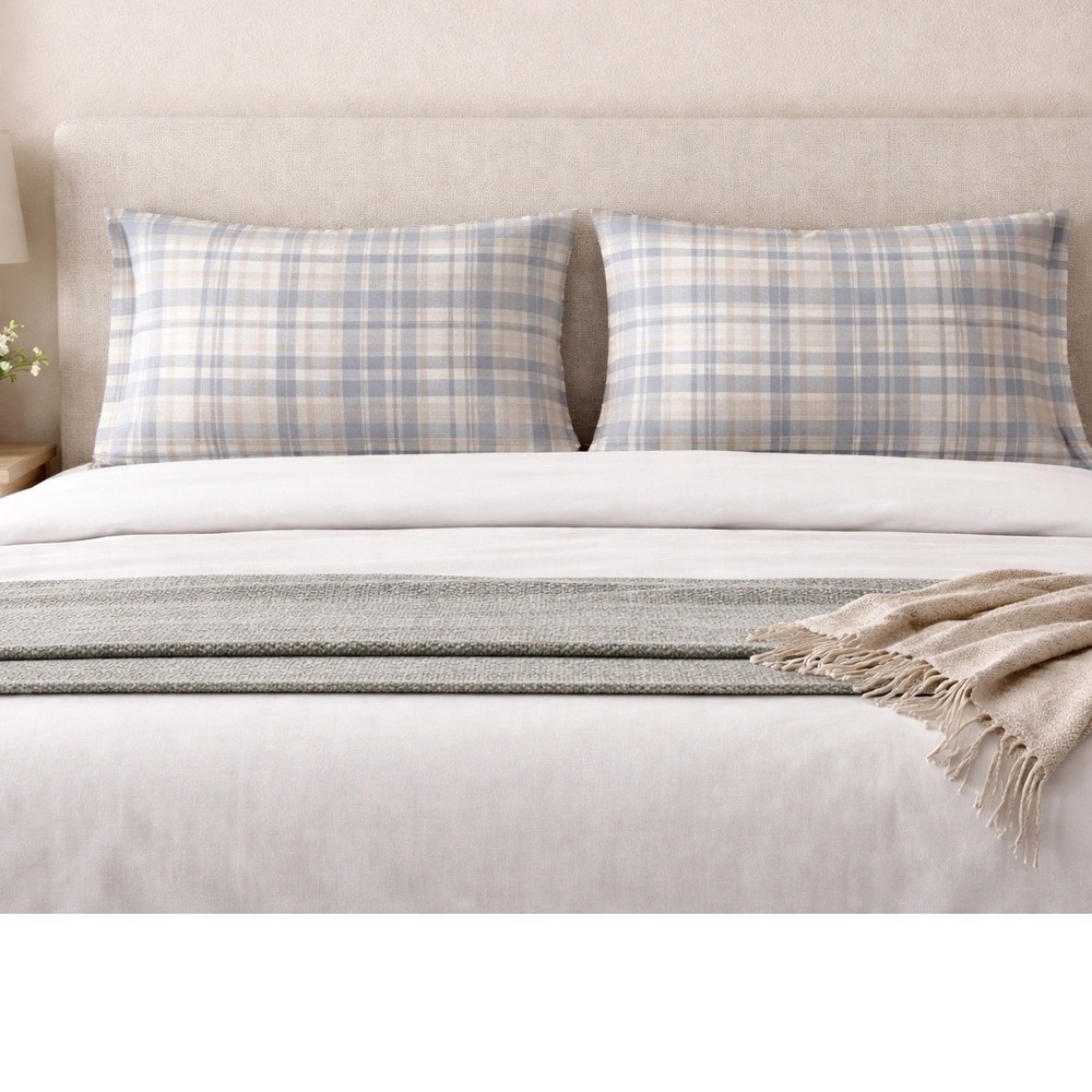 Lakeside Living Blue Tan White Plaid 100% Cotton King Pillowcase Set of 2